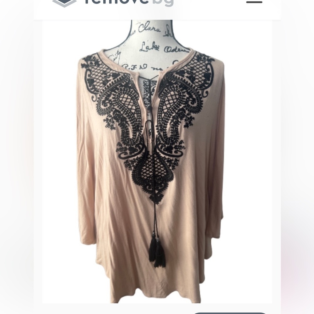 Olivia Sky Whimsical Romantic Tan Tunic Top with Black Embroidered Neck